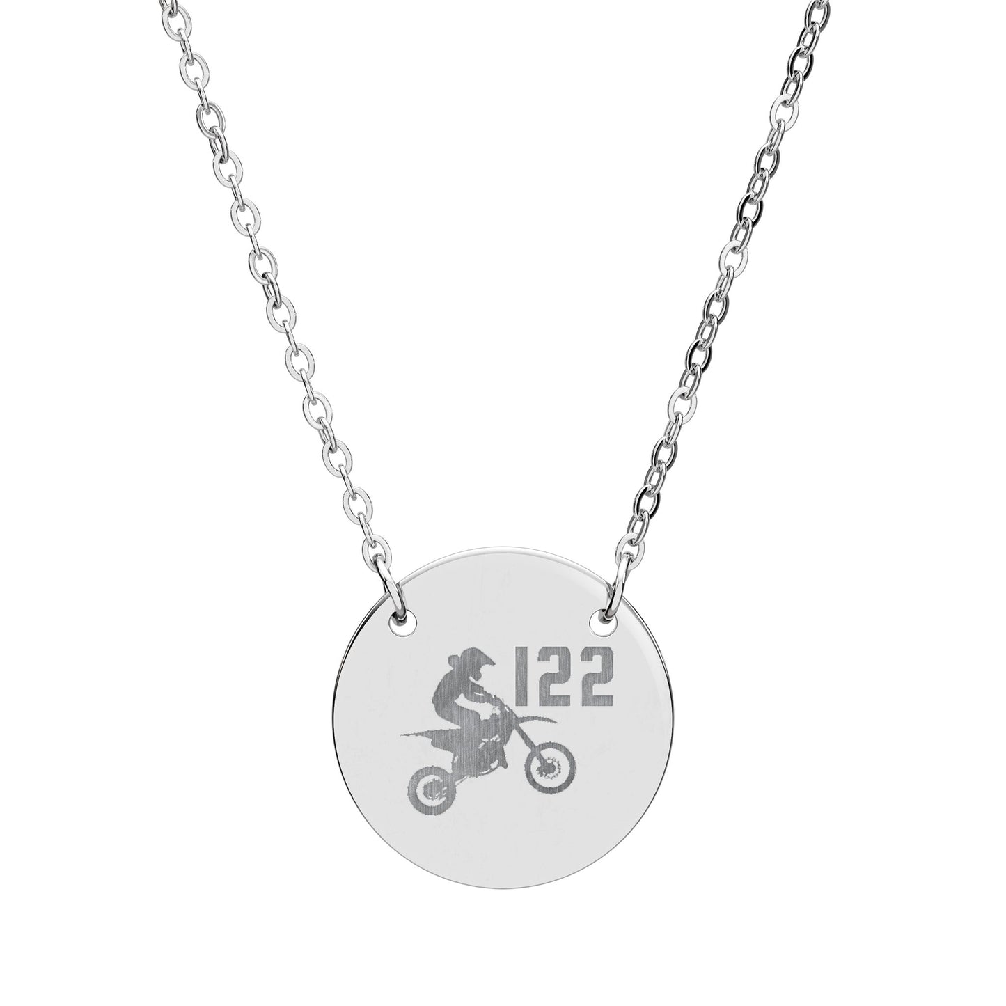 Engraved Dirt Bike Circle Necklace — Personalized Moto Pendant with Number (e.g., 122)